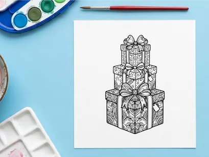 Christmas gift box stack with decorative bows, hand drawn line art illustration.