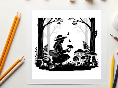 Silhouette of a person picking mushrooms in a forest