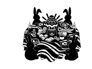 Peaceful silhouette of rabbits and symbols on table preview picture