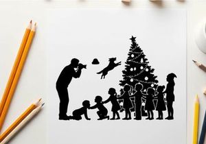 Christmas silhouette of family decorating tree with children and dog