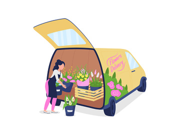 Female florist unloading auto with flowers flat color vector faceless character preview picture