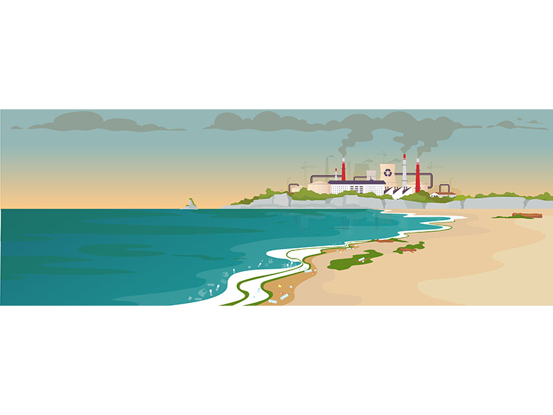 Contaminated sandy beach flat color vector illustration