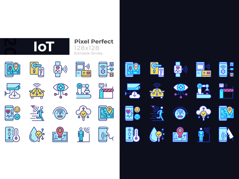 IoT pixel perfect light and dark theme color icons set