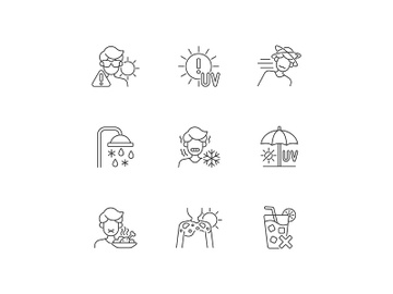 Heatstroke risk during summer linear icons set preview picture