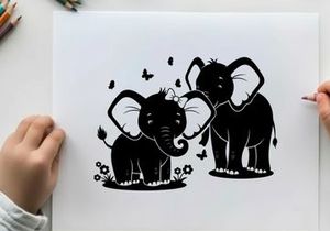 Silhouette of two cute elephants with butterflies and flowers