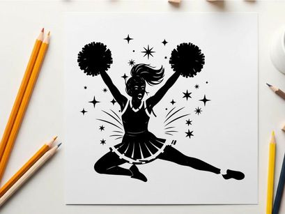 Cheerleader silhouette with pompoms and sparkles