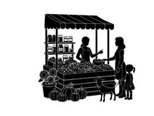 Silhouette of woman and child buying produce at outdoor market stall