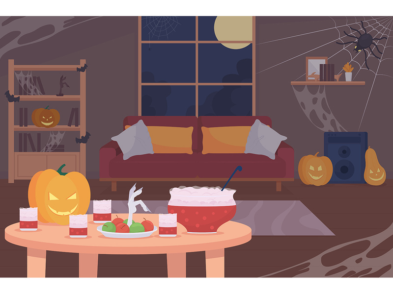 Halloween living room flat color vector illustration