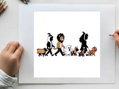 Silhouette of people walking with various dogs in a line