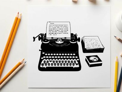 Vintage typewriter with paper and cassette tape silhouette