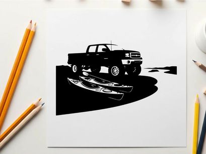 Silhouette of a pickup truck with a canoe on a trailer
