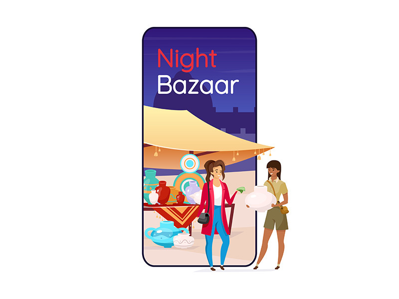 Night bazaar cartoon smartphone vector app screen