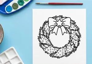 Christmas wreath line art illustration with a decorative bow and star for holiday design.