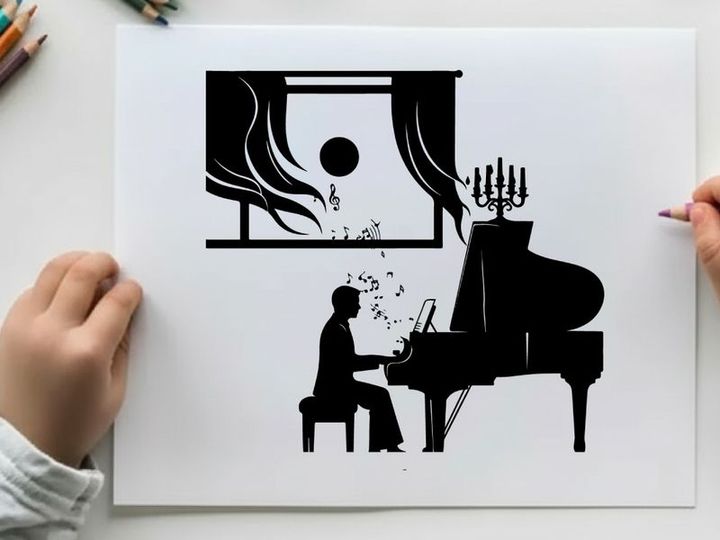 Silhouette of a man playing piano by window at night