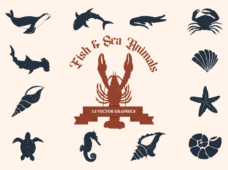 Sea fish animals underwater pack vector illustration silhouettes.