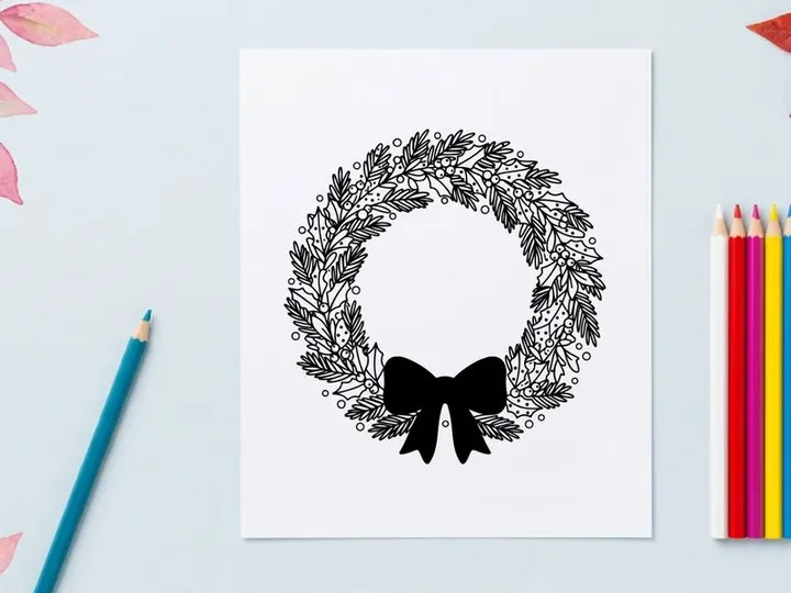 Hand drawn Christmas wreath with red bow isolated on white background for holiday design