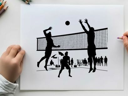 Silhouette of volleyball players in action on the beach