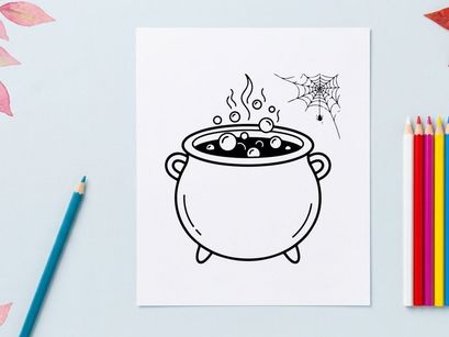 Boiling cauldron with bubbling liquid and rising steam. Classic witch pot emitting mystical smoke on sturdy tripod stand.