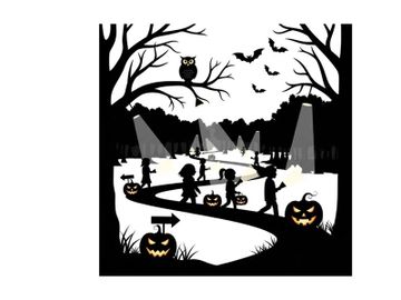 Halloween silhouette of children trick or treating in a spooky graveyard at night preview picture