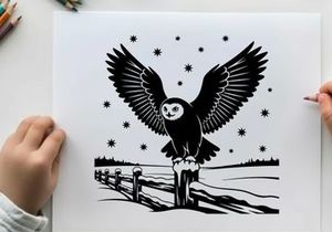 Silhouette of an owl perched on a fence under starry night sky
