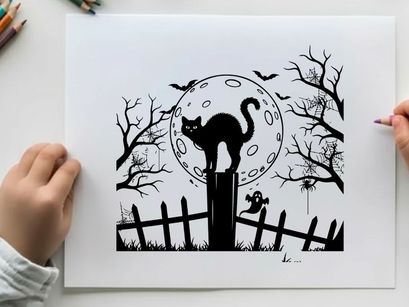 Silhouette of a cat on a fence post under full moon