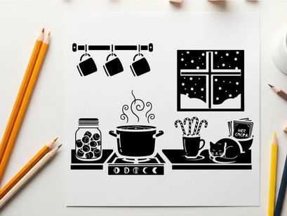 Silhouette of kitchen with cat by snowy window at night