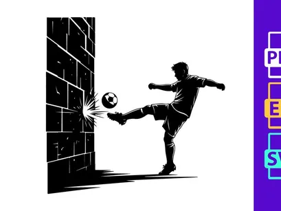 Soccer player kicking ball against brick wall in dynamic action pose
