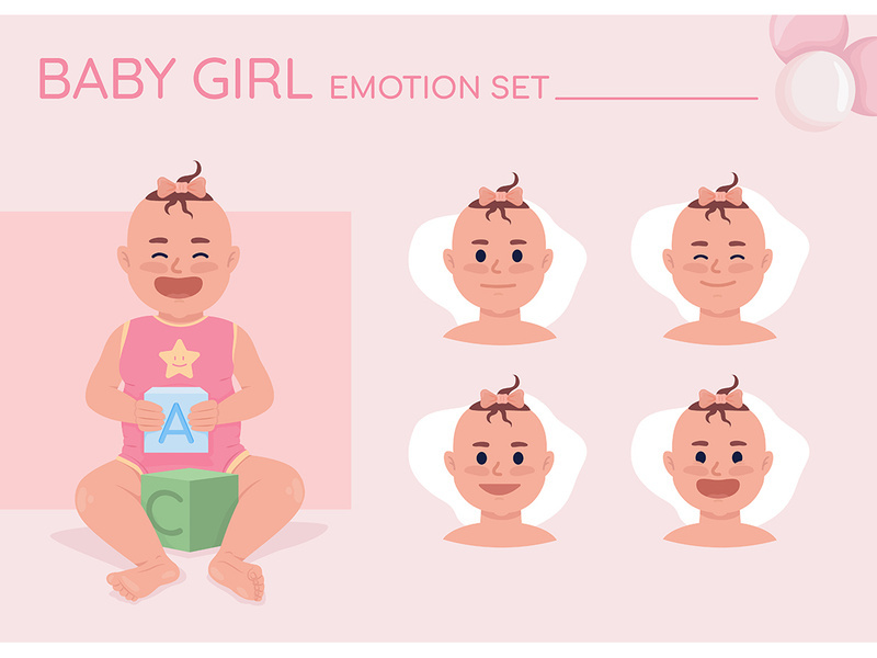 Joyful baby girl semi flat color character emotions set