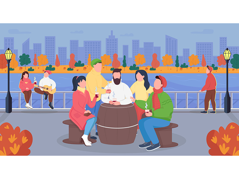 Fall urban picnic flat color vector illustration