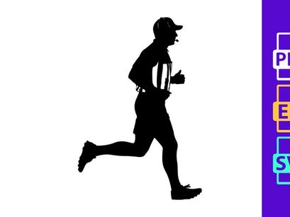 Silhouette of a man running in a dynamic pose with a cap and sportswear