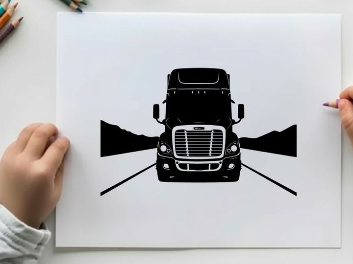 Silhouette of a semi truck on a highway with mountains