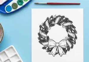 Christmas wreath line art illustration with festive ribbon and holly leaves for coloring