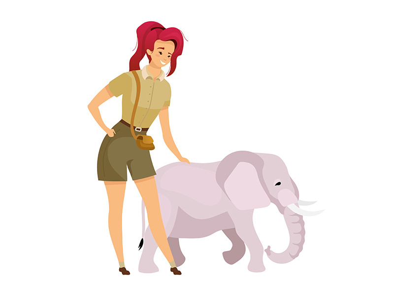 Tourist with elephant flat color vector illustration