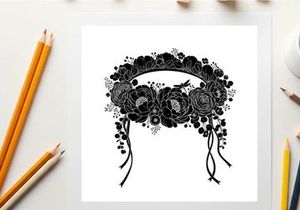 Silhouette of a decorative floral headband with ribbons