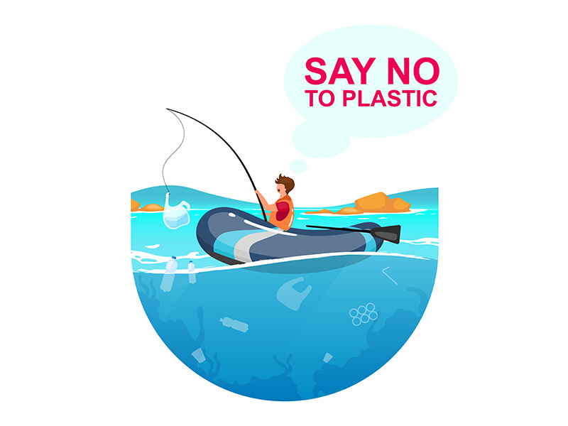 Person fishing in sea full of plastic garbage flat concept icon