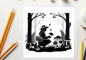 Silhouette of a person picking mushrooms in a forest