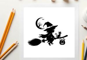 Silhouette of a witch flying on a broomstick with cat and jack o lantern