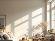 Modern cozy living room interior with sunlight, wooden furniture