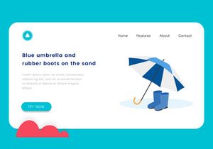 Blue umbrella and rubber boots on the sand flat design
