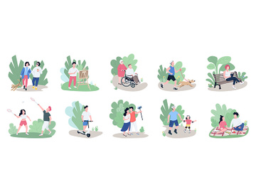 People relaxing outdoors flat color vector faceless characters set preview picture