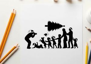 Family decorating christmas tree in silhouette