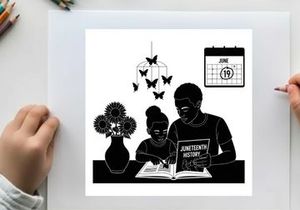 Juneteenth history book silhouette of man and woman reading together