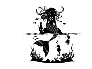 Mermaid silhouette sitting underwater with seahorse and fish preview picture