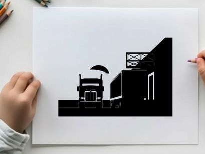 Truck silhouette parked beside a warehouse at sunset