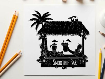 Silhouette of a tropical smoothie bar with palm tree and thatched roof