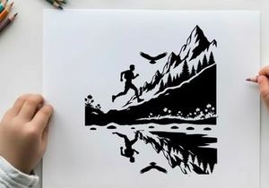 Silhouette of a person running in front of a mountain silhouette