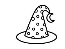 Topi penyihir Halloween dengan titik-titik polkadot terisolasi di latar putih. Topi kerucut penyihir hitam klasik untuk kostum dan dekorasi pesta.