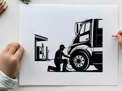 Silhouette of a man checking a large truck tire at a gas station silhouette