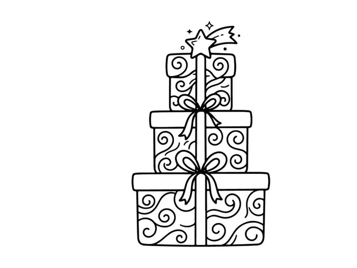 Stapel Weihnachtsgeschenkboxen mit Bändern und Stern-Aufsatz, Schwarz-Weiß-Liniengrafik.