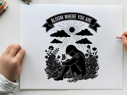 Silhouette of a person in a field with sun and flowers 'bloom where you are' silhouette